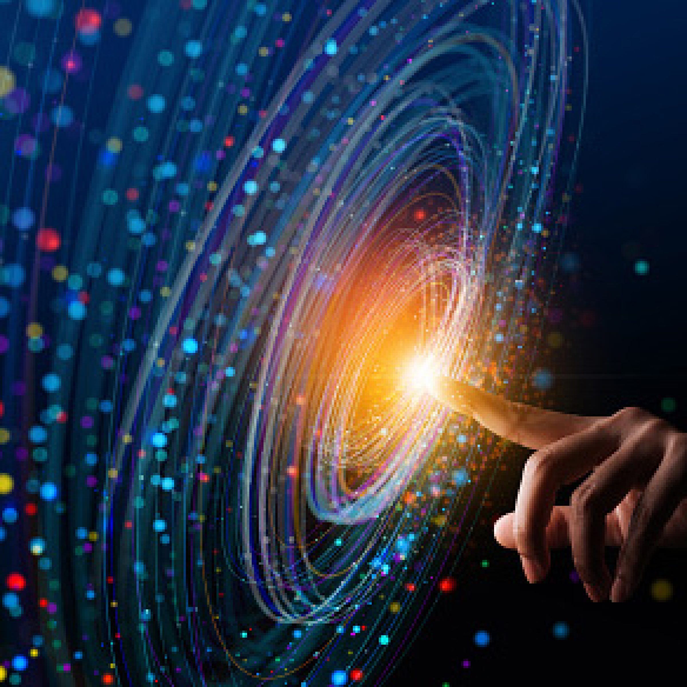 Big Data concept. Digital neural network.Business woman hand touching Introduction of artificial intelligence. Cyberspace of future.Science and innovation of technology.