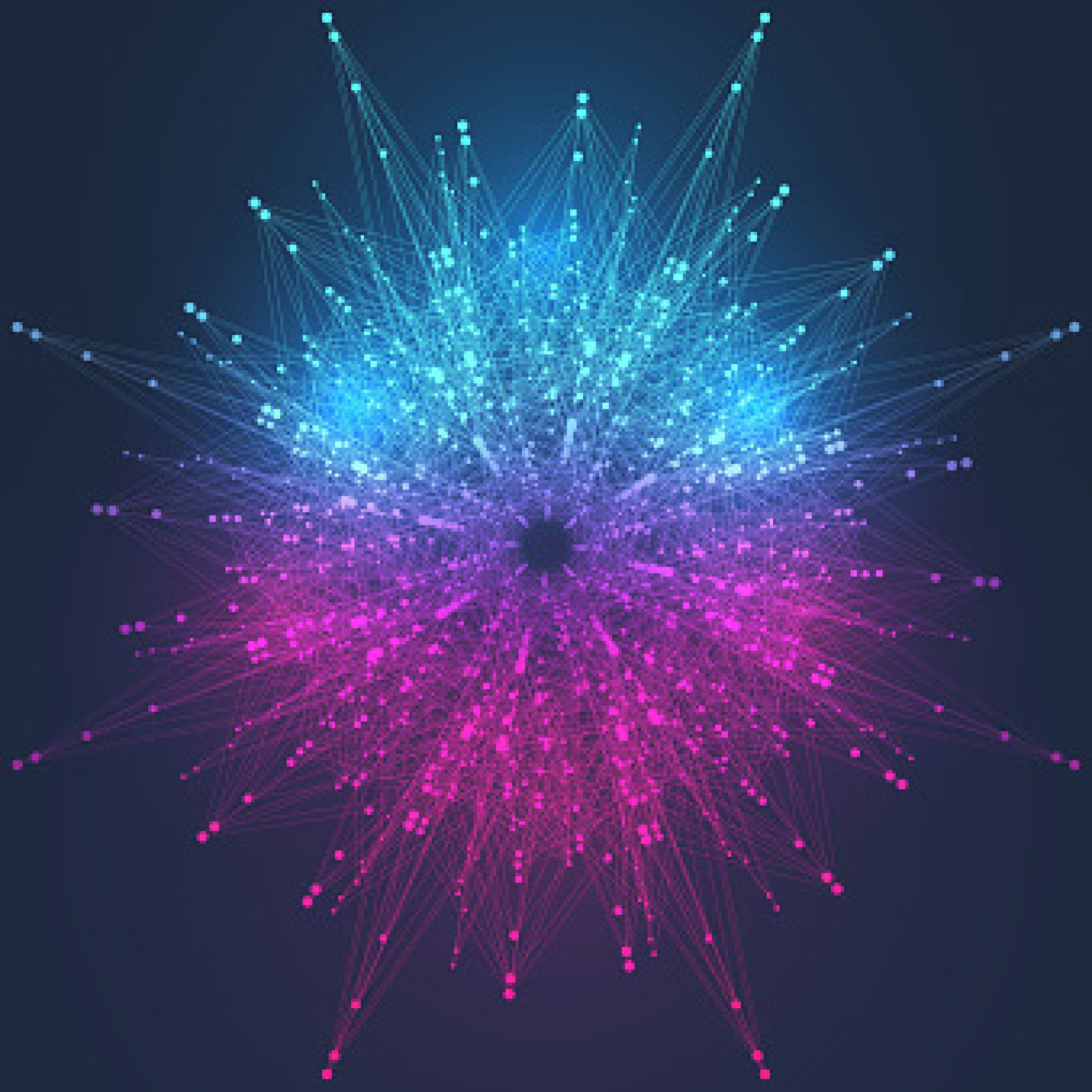 Geometric abstract background expansion of life. Colorful explosion background with connected line and dots, wave flow. Graphic background explosion, motion burst. Scientific vector illustration