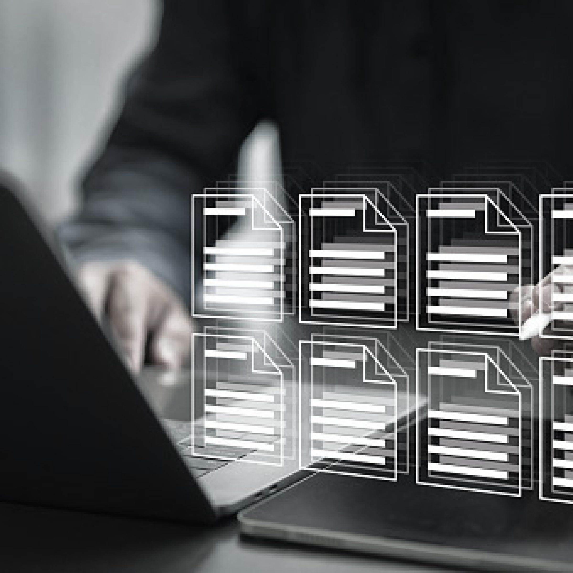 Digital document management and workflow system concept with businessman using laptop and tablet to access secure data, organize files, and streamline business processes.